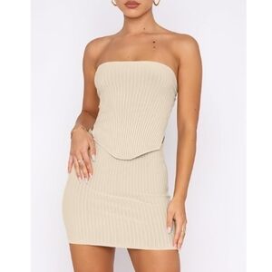 Strapless Crop Top Matching Bodycon Sexy Mini Club Dress Cream